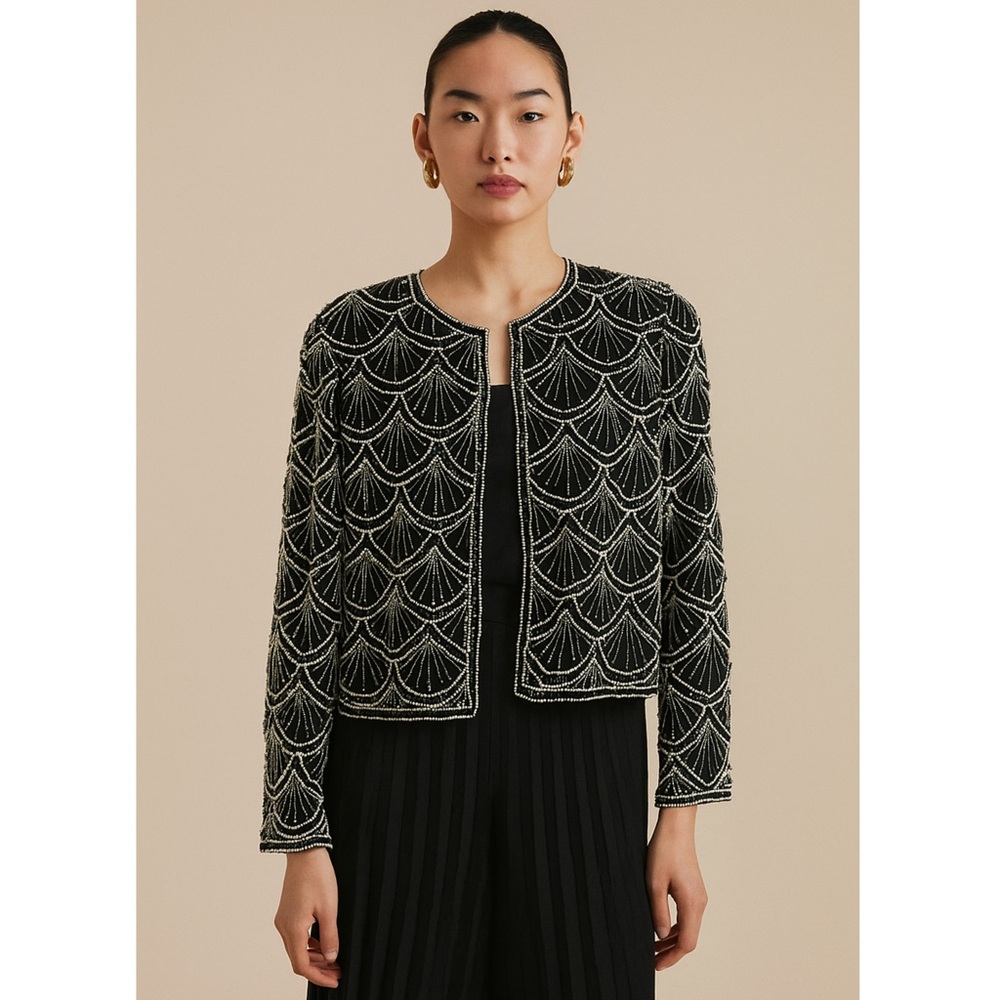 VINTAGE Pearl Beaded Sequined Art Deco Shell Design Cocktail Jacket Medium